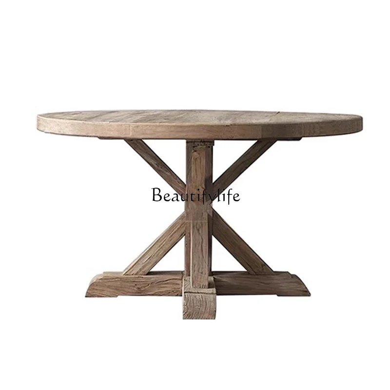 

ls 04French rural retro old solid wood dining table medium and ancient small round eating table