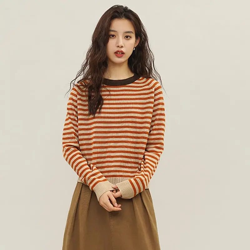 

Retro Color Matching Striped Sweater For Women Spring Autumn Long Sleeve Crew Neck Patchwork Round Neck Pullover Long Sleeve