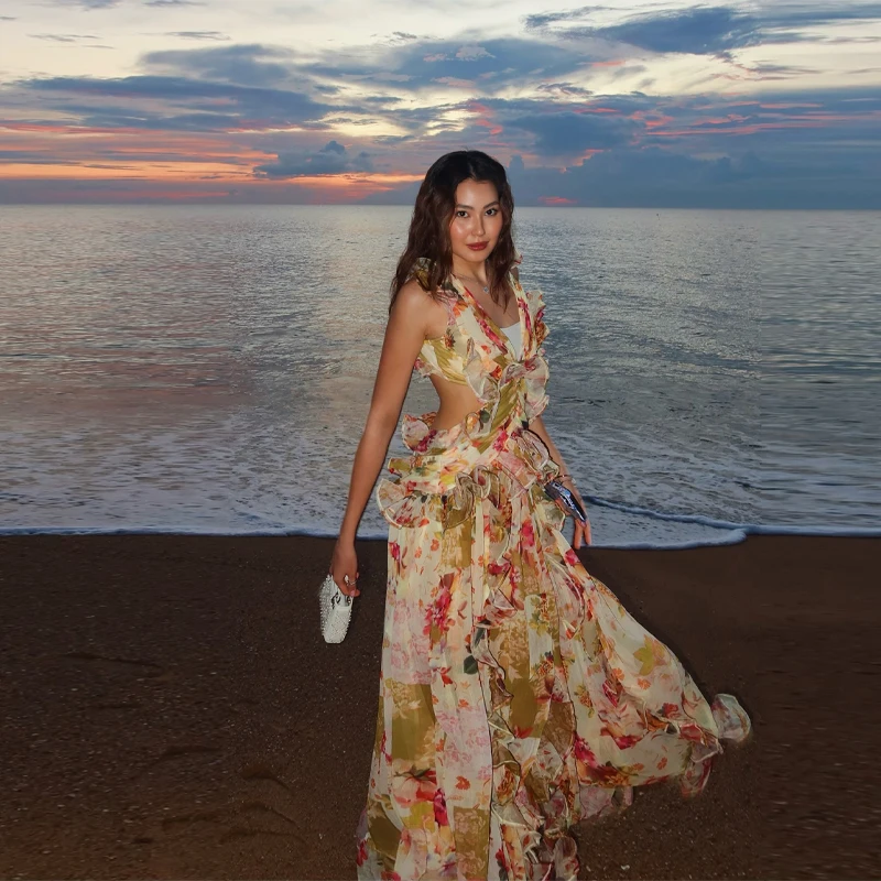 

Floral Printed Dress Hanging Neck V-Neck Sleeveless Backless Long Dress 2025 Summer New Fashion Women's Vacation Beach Dresses