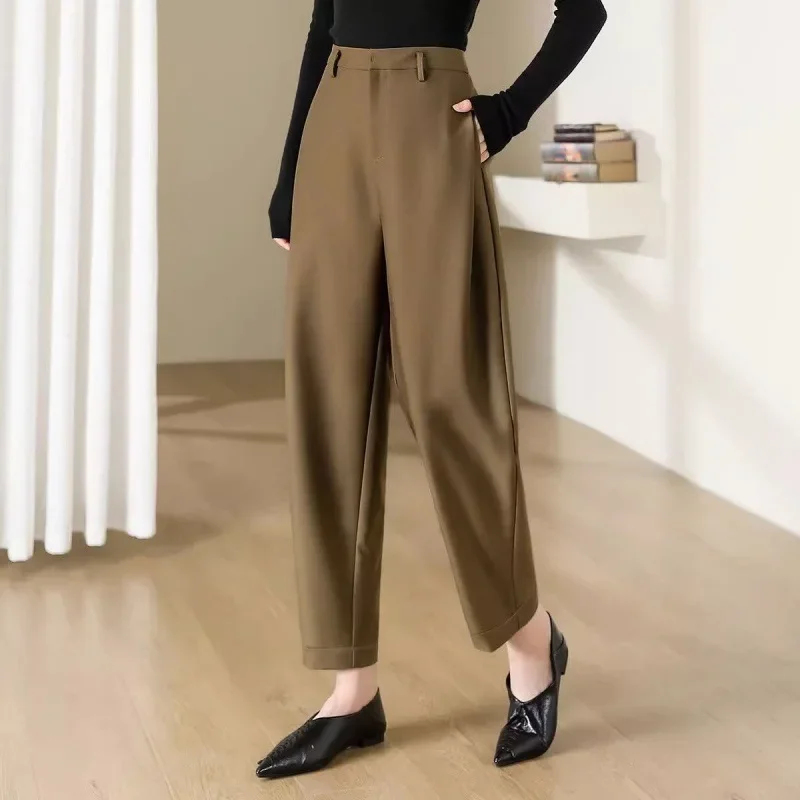 Woolen Casual Pants Women'S Winter Warm Fashion Harem Pant Office Ladies Loose Autumn High Waisted Straight Tube Suit Pants