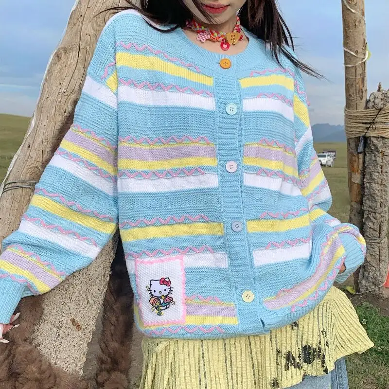 

Sanrios Cartoon Cardigan Hello Kittys Autumn Cardigan for Women Sweet Casual Simple Print Creative Hot Seller High End Gifts
