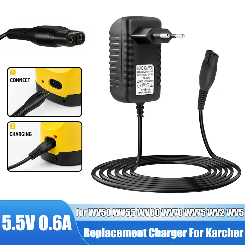 Replacement Power Adapter 5.5V 600mA for Karcher Window Vacuum Cleaner Fits WV50 Plus WV55 WV60 WV70 WV75 WV2 WV5