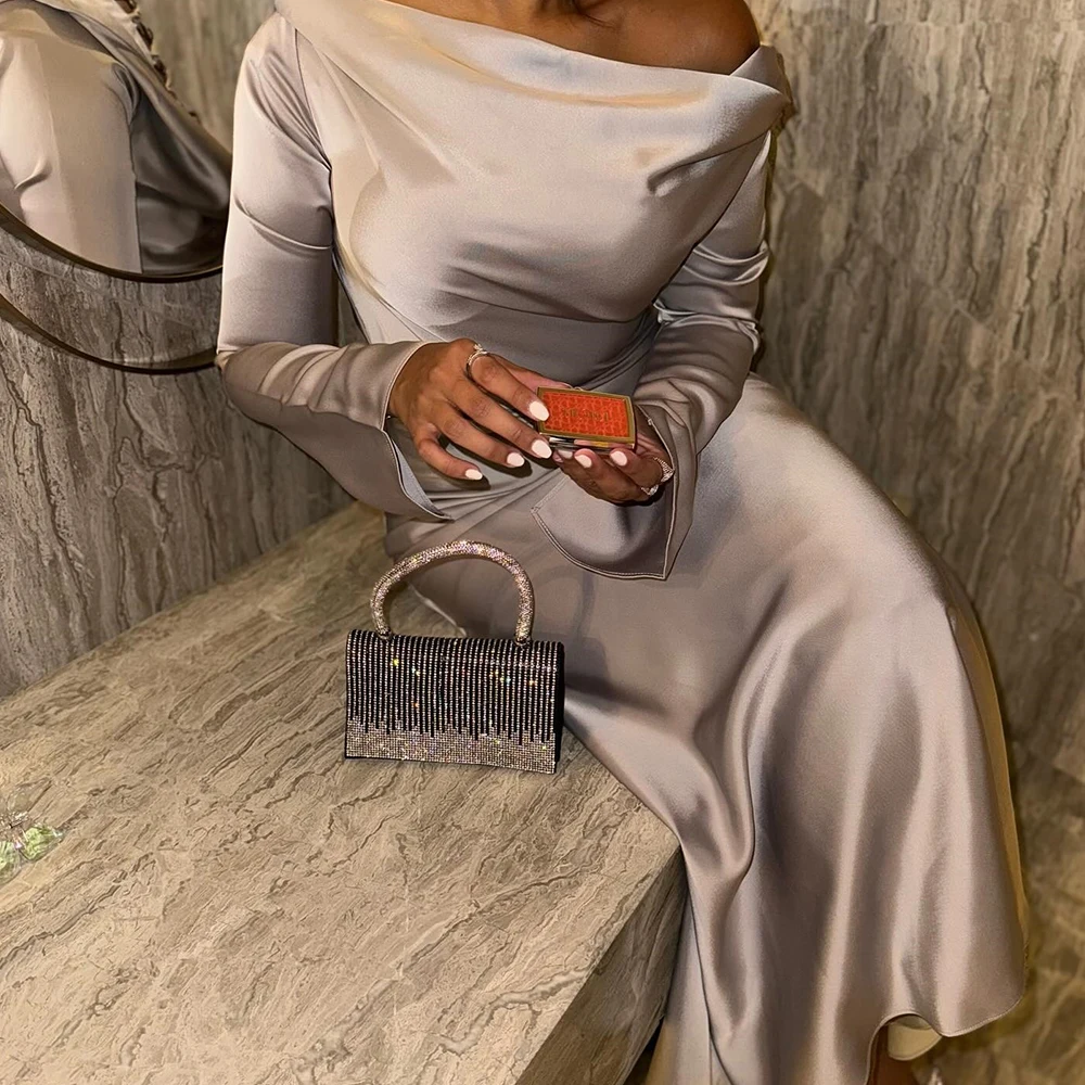 高品質のサテンのイブニングドレス,裸の肩,後ろにレース,長袖,高品質のカスタムサイズ