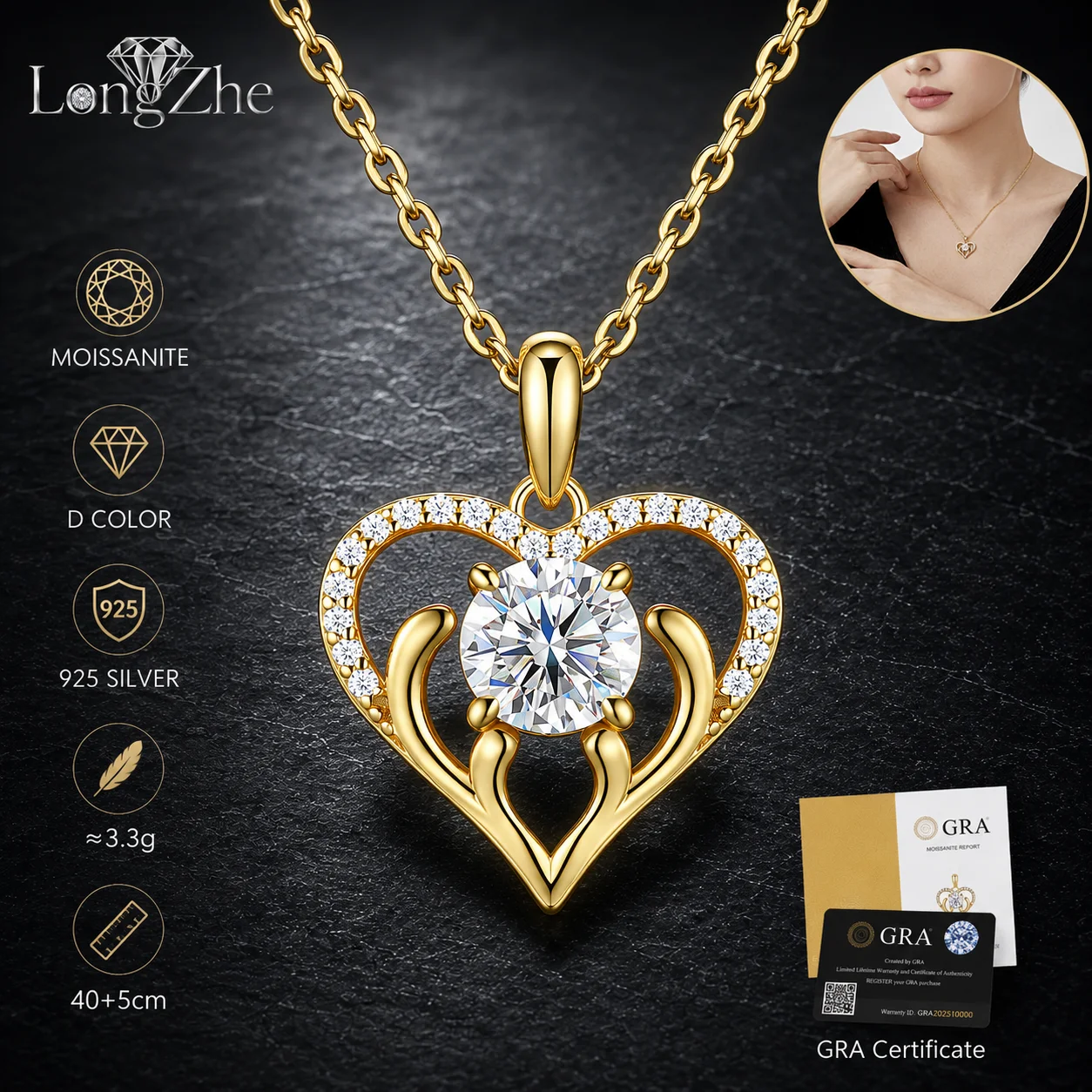 S925 Sterling Silver Moissanite Necklace 1CT Round Cut Heart Pendant Gold Color for Women Anniversary Wedding Fine Jewelry Gift