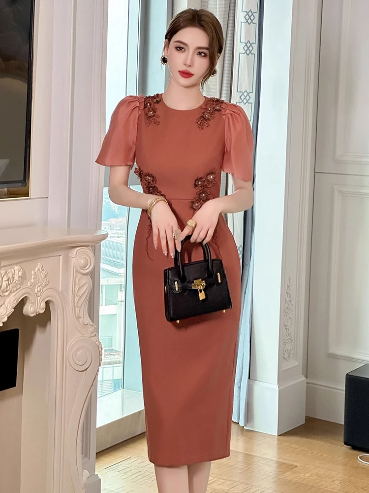 أزياء الصيف خمر تخفيف مناسبة رسمية فستان رصاص النساء الملابس الأنيقة مكتب س الرقبة سليم ميدي حفلة فيستدوس فييستا