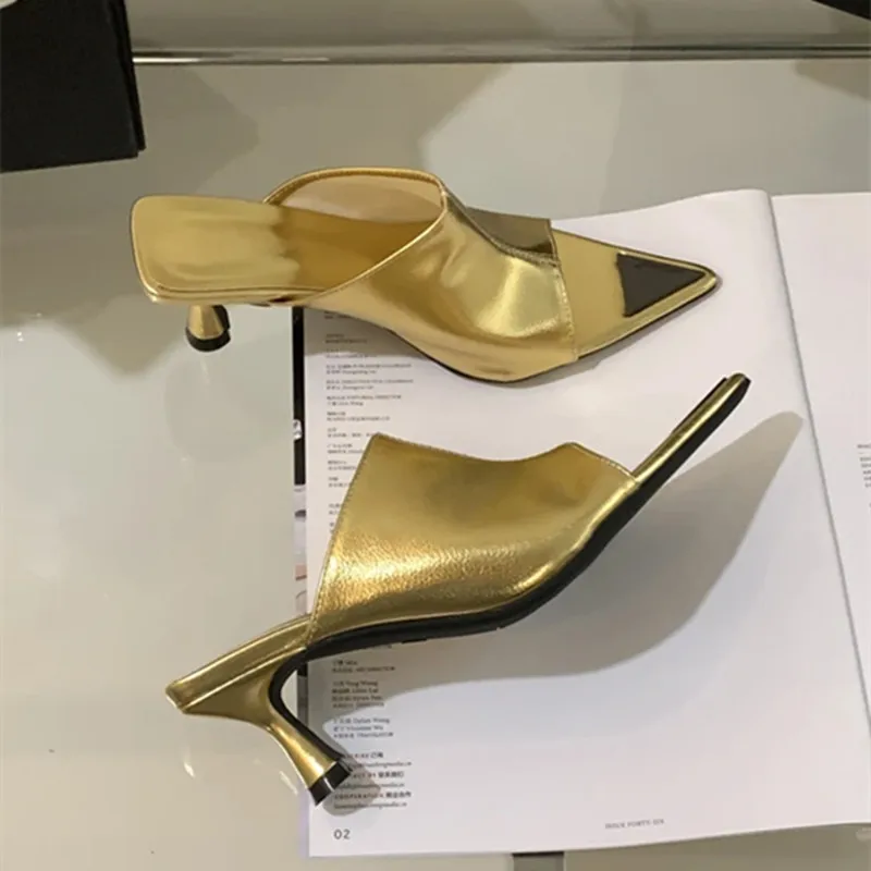 Summer Gold Pointed Toe Slide Slippers Women Sexy Open Toe Thin Low Heels Sandals Party Prom Ladies Designer Shoes Elegant Mules