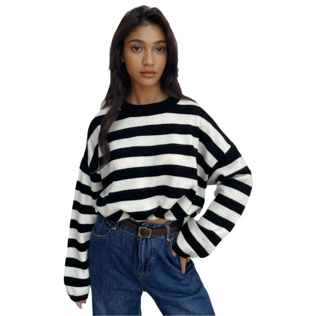 

Women's Autumn Winter Knitted Sweater European American Style Pullover Crewneck Long-Sleeved Striped Color-Matching Knitwear