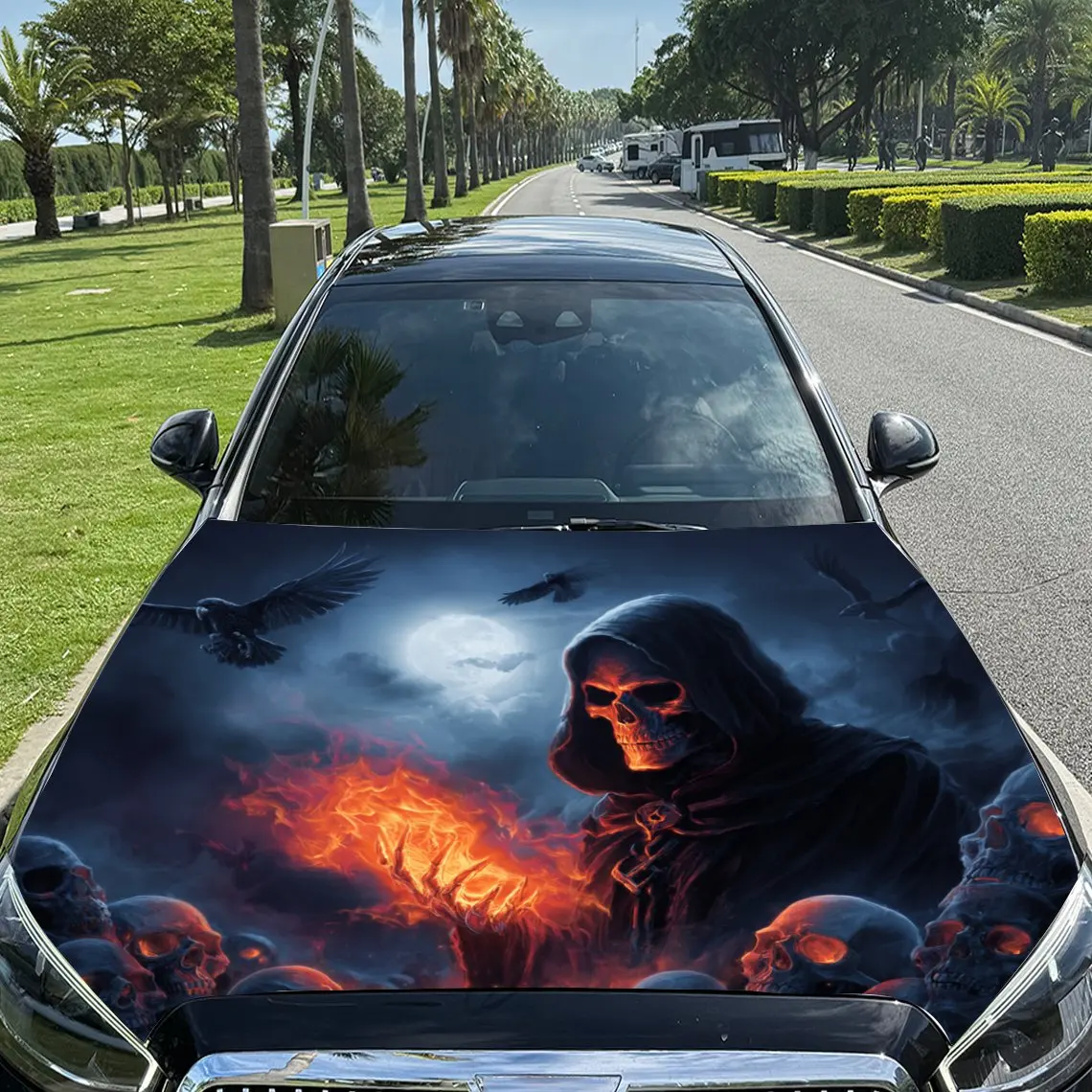 Netherworld Blazing-Palm Grim Reaper Print car hood stickers, waterproof self-adhesive, scratch resistant, easy to stick, durabl