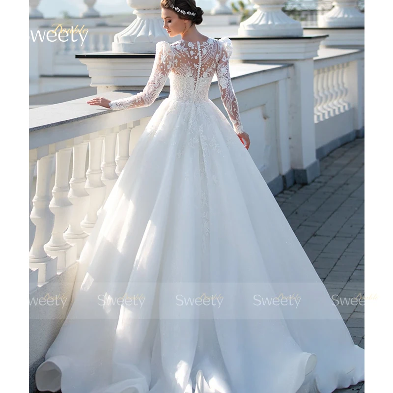 Graceful Wedding Dress Organza With Embroidery Ballgown Puff Sleeves O-Neck Bridal Dress Button Customized Vestido De Novia Lace