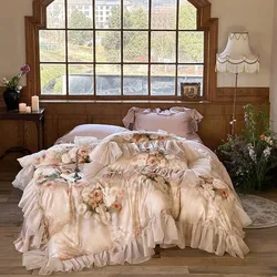 Floral 100% Lyocell Cotton Chic Vintage Rose Bedding set Lace Ruffle Fringe Comforter Cover Bed Sheet Pillowcases Double Queen