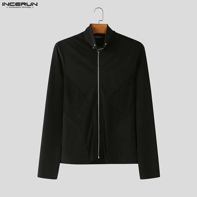 

INCERUN Men Jackets Mesh Patchwork See Through Stand Collar Long Sleeve Male Coats Streetwear Zipper Fashion Casual Outerwear