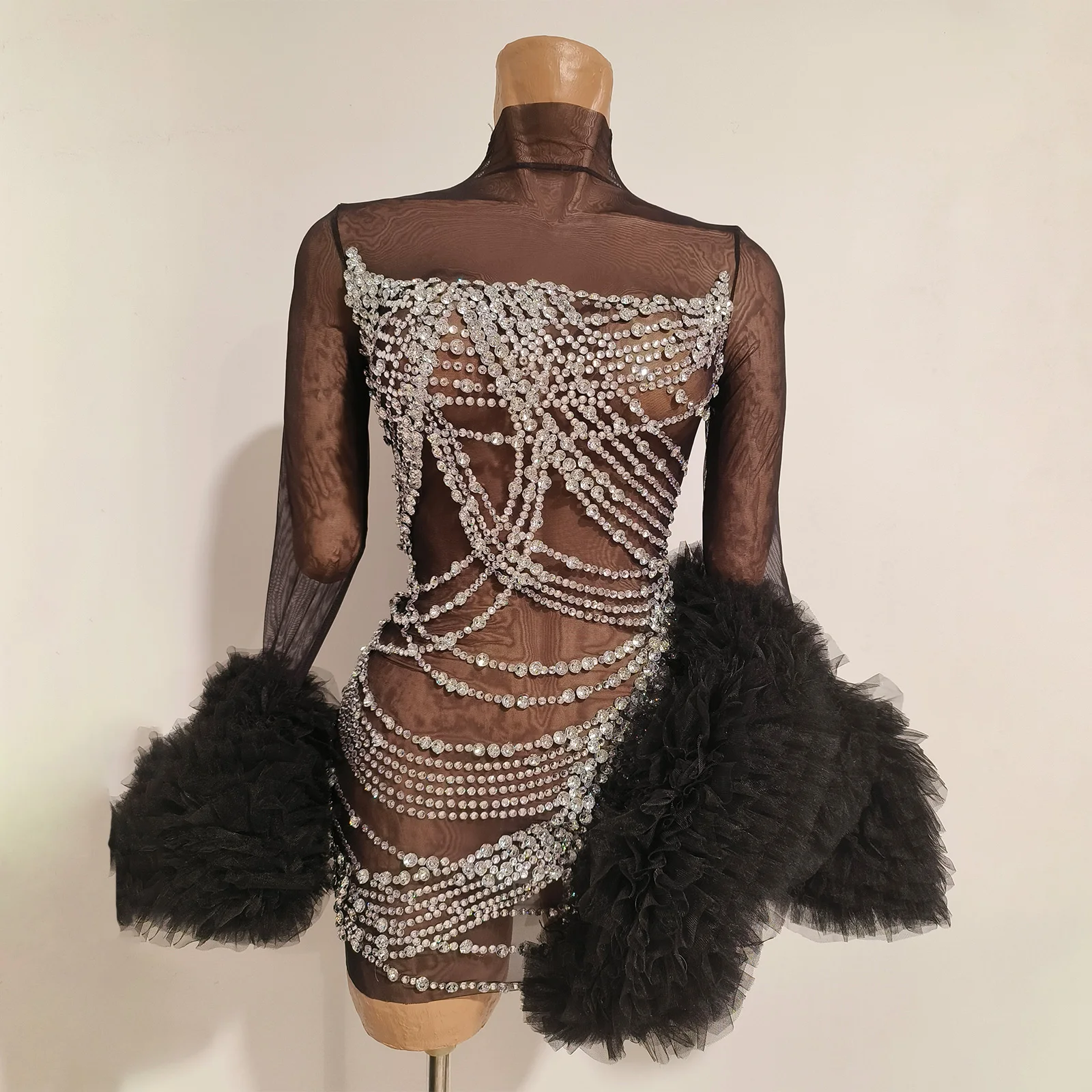 

New Party Skirt White Rhinestone Black See Through Short Dress Nightclub Singer Stage Performance Drag Queen Performance Outfit