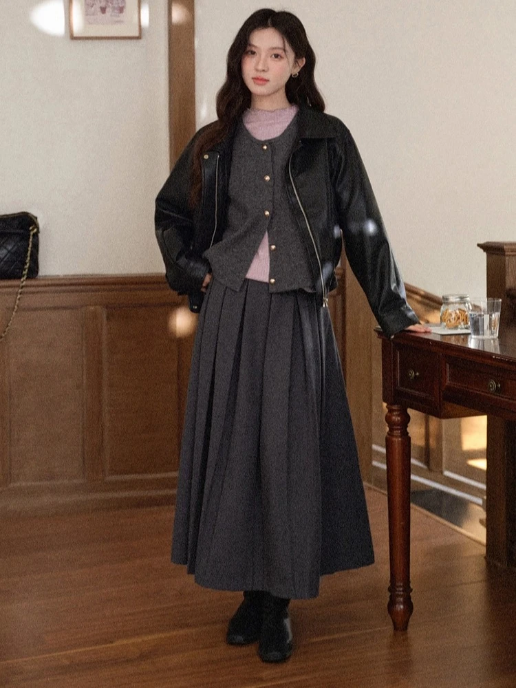 ALXNAN グレーベストレトロゴールドボタン付きルーズフィットレイヤリングノースリーブベスト女性の秋冬多用途レディース服 L58138