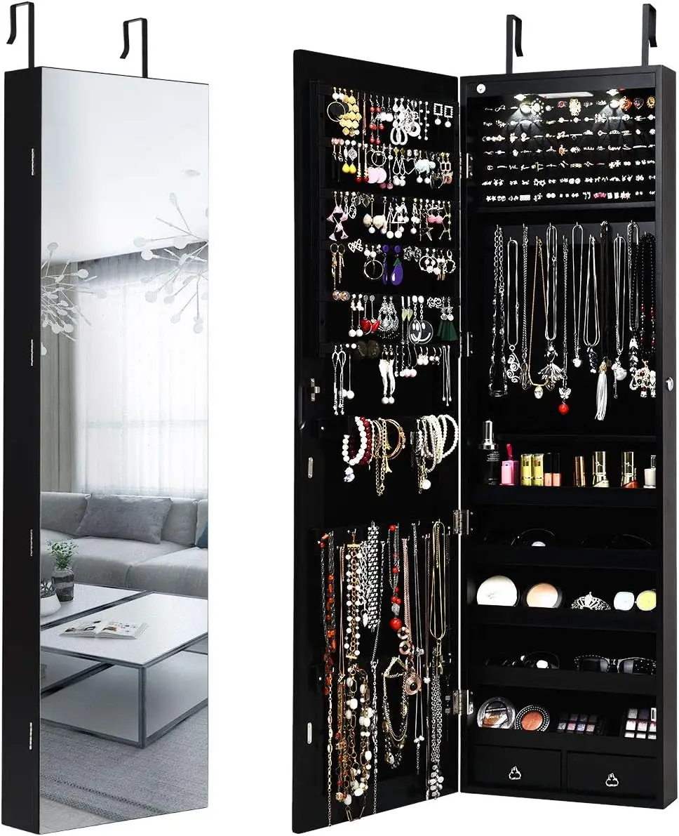 

Wall Door Mounted Jewelry Armoire Cabinet with 47.5" H Full Length Mirror, 2 LEDs Lockable Jewelry Organizer Box with B