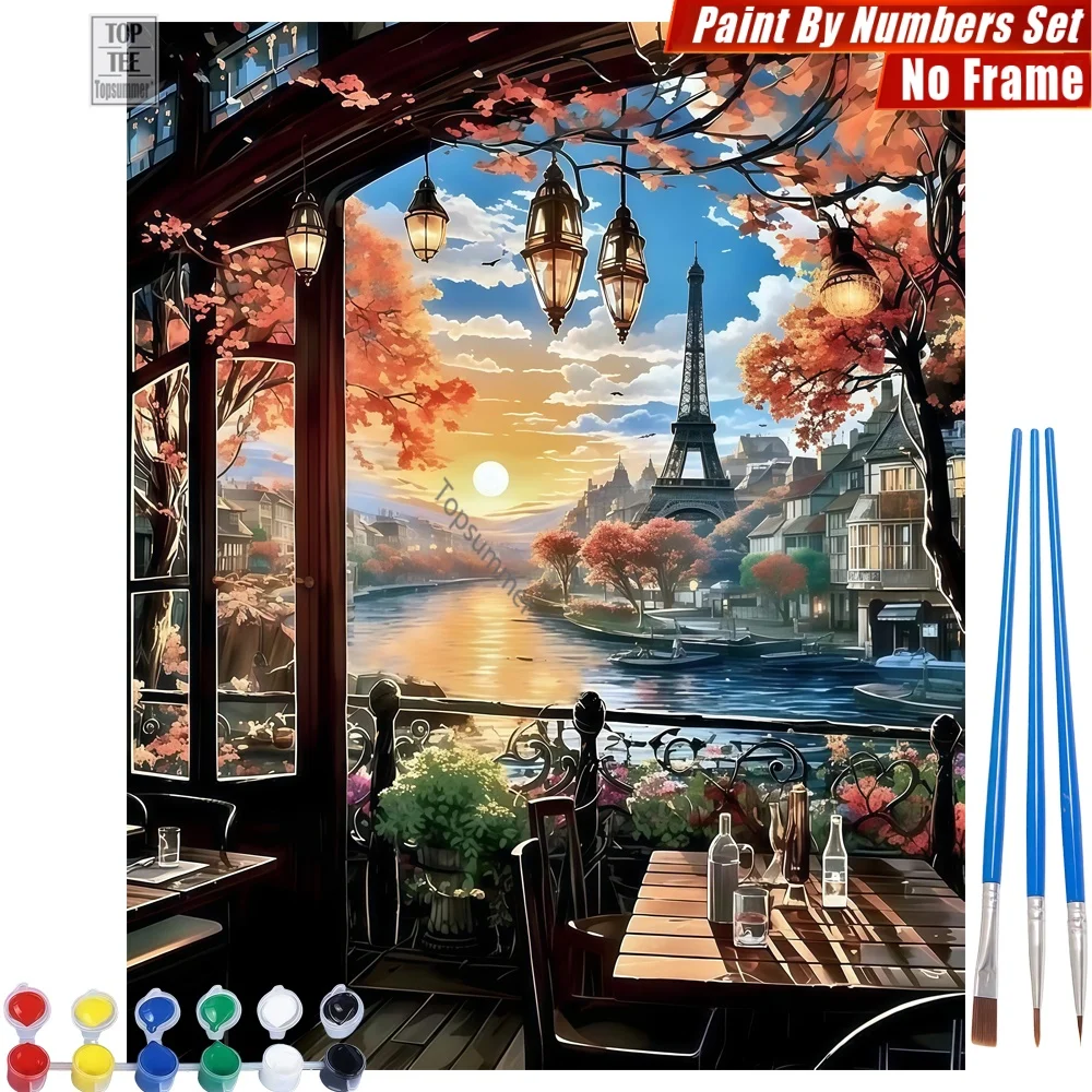 

Eiffel Tower sunset DIY Digital Oil Paints Set - Riverside cafe aroma Canvas Wall Art Thanksgiving Day Gift For Mom
