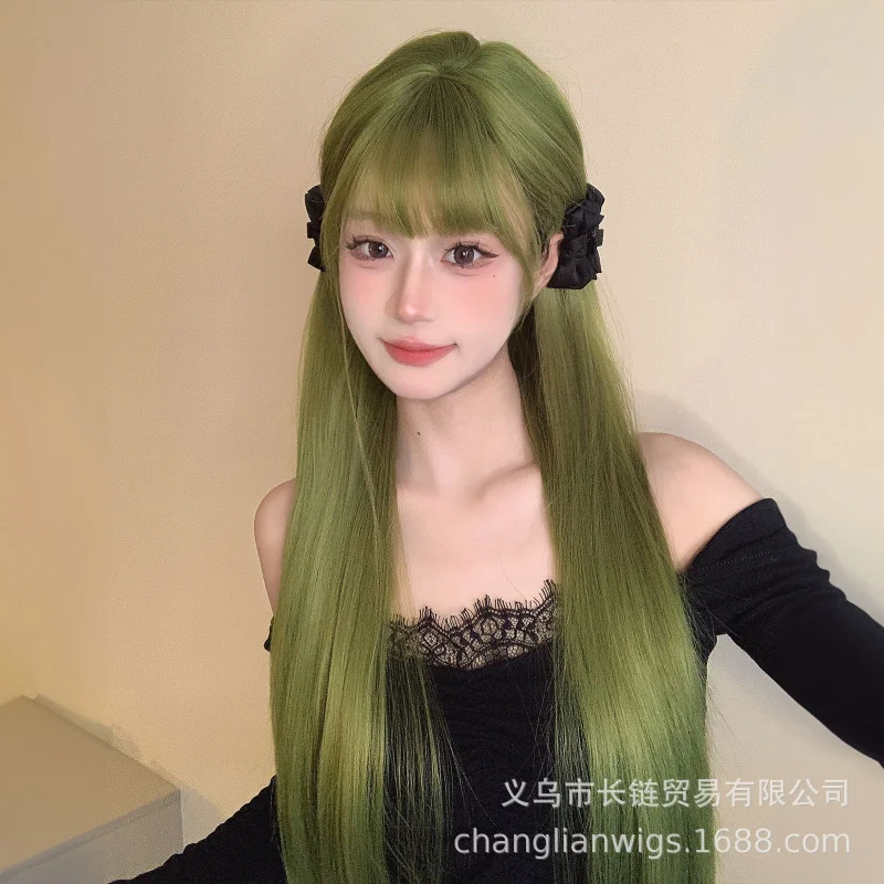 

Парик в стиле Xiaoju, с зелеными воздушными прядями, длинный, прямой, натуральный, повседневный, на всю голову, имитация волос.