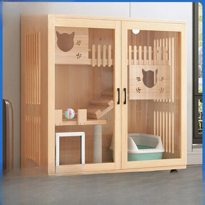 

Super-large solid wood cage villa luxury cabinet cat nest kitten room double-decker house with toilet