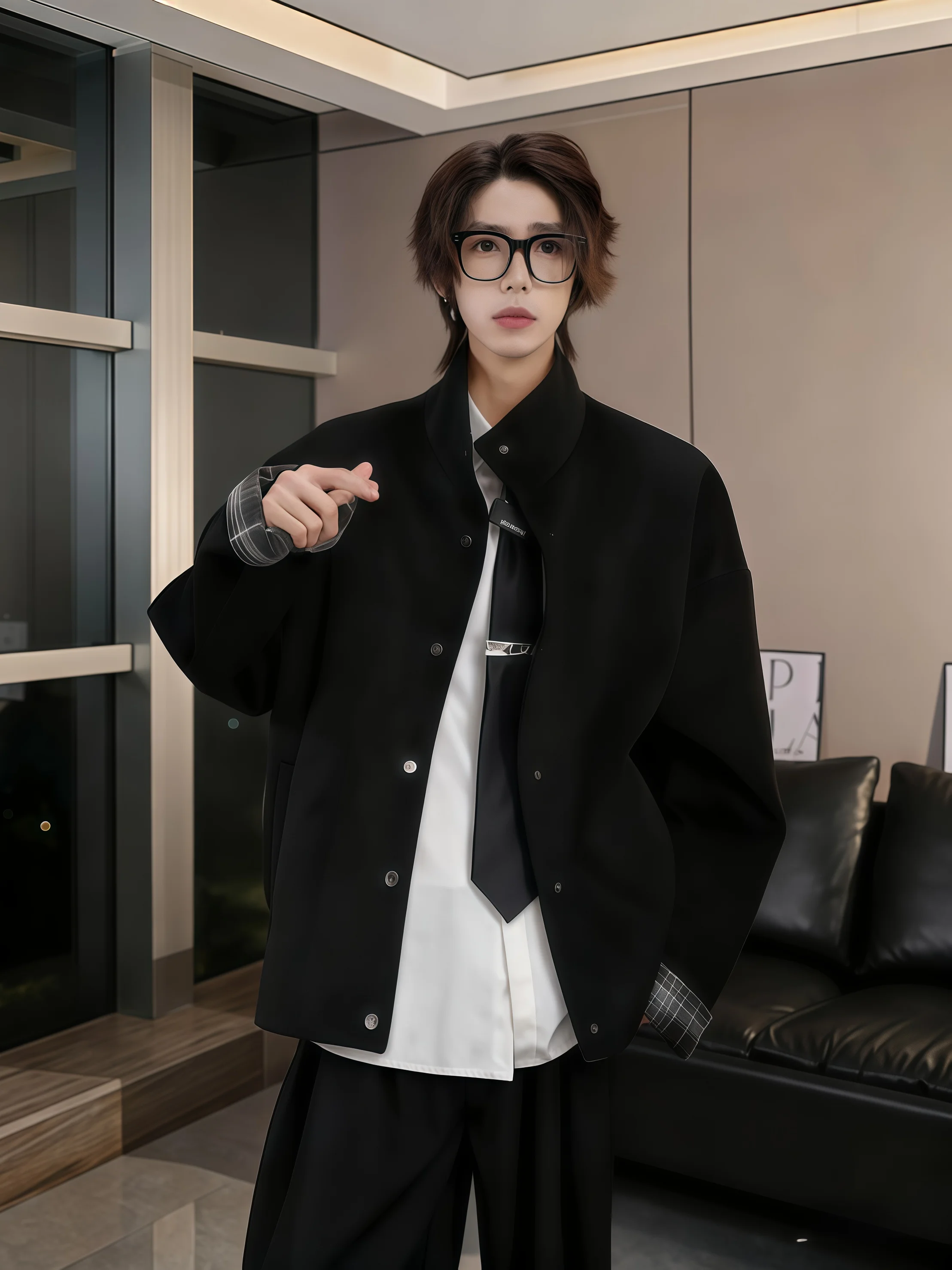 

Cleanfit Plaid Splicing ort Men's Woolen Jaet Autumn Winter High Sensation Cool Stand Collar Windbreaker Coat Outerwear