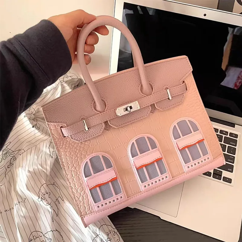 

Leather Mini House Color blocked Platinum Bag 2025 New Palm Crocodile Pattern Fashion Personalized Handbag