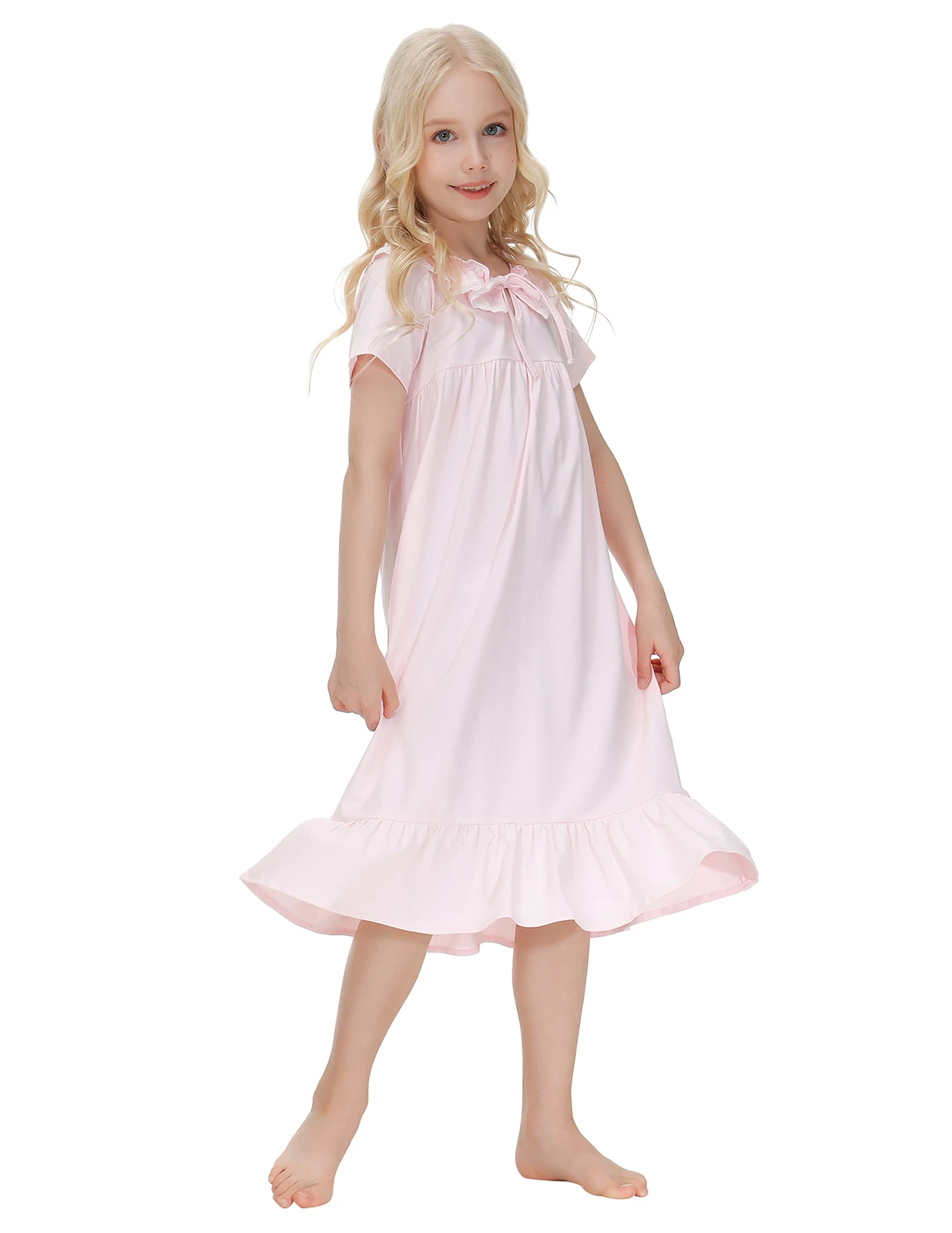 girls nightgown Princess wind cotton mid-length  section dress Sweet and lovely children Princess dress short-sleeved lace