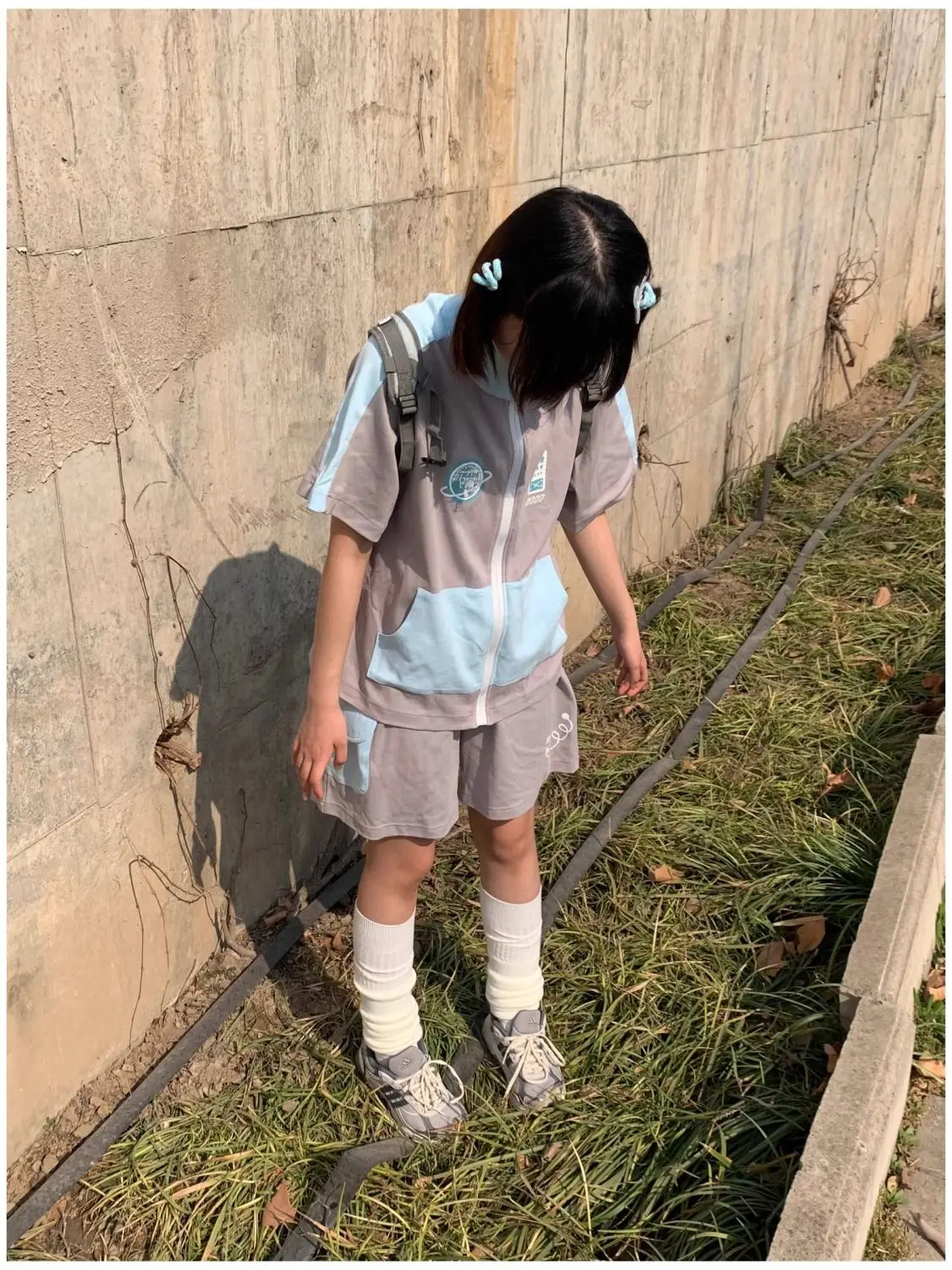 Japanese Cute Core Casual Sports Set Loose Short Sleeve Zipper Cardigan + Shorts Contrast Color 2 Pcs Sets Women Y2k Suits
