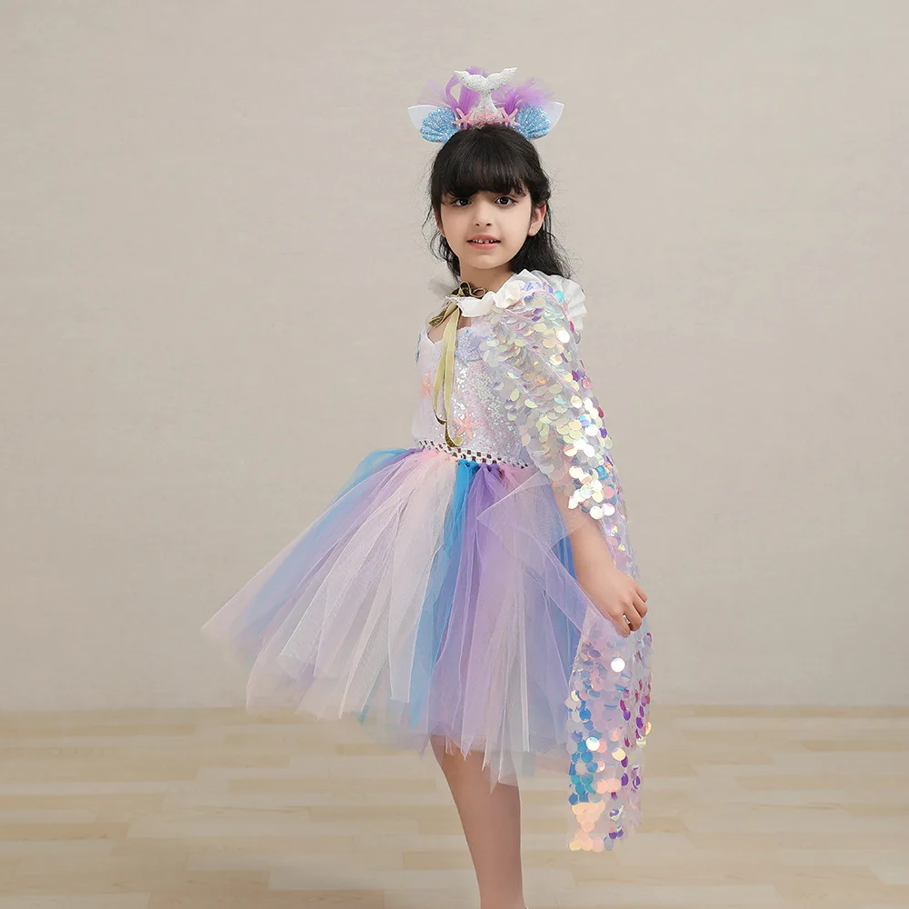 2026 New Halloween Sequin Tutu Dress Fish Scale Cape Set Stage Performance Appearl Festival Celebration Wear Ballet Dance Outfit