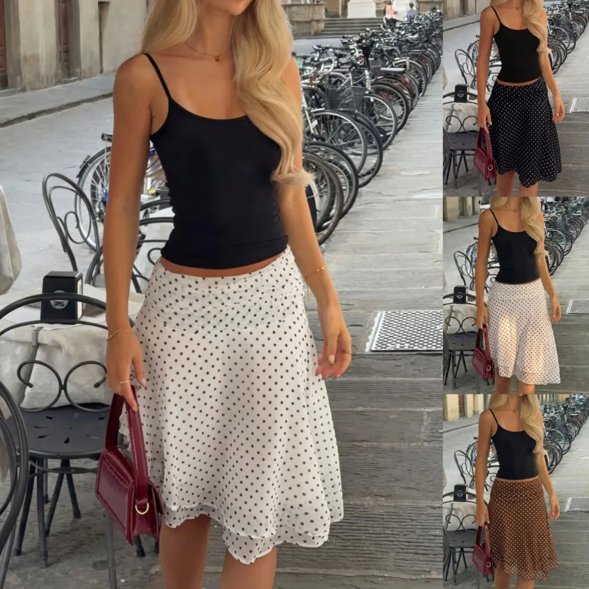 French Vintage Polka Dot Midi Skirt Women Summer High Waist A-Line Ruffle Skirt Y2K Elegant Chiffon Mesh Flowy Beach Skirts