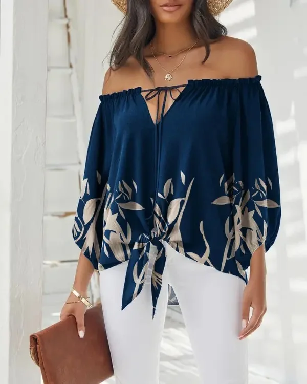

Women's Elegant Off-Shoulder Blouse Print Tie-Front Detail Puff Sleeve Design for Casual Daily Outings