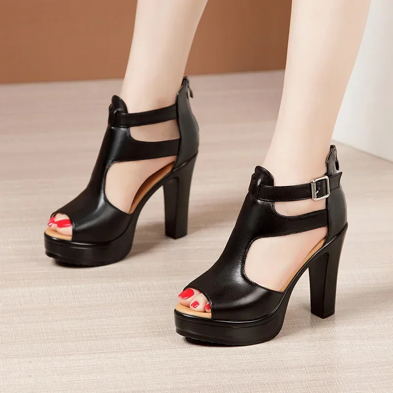 10cm Small Size 32-43 Elegant Leather Shoes Woman Block High Heels Platform Sandals 2024 Summer Gladiator Sandals Office Model