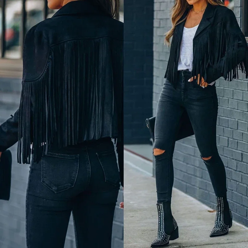 

2022 New Fringe Bomber Jacket for Women Spring Fashion Long Sleeve Turn-down Collar Open Stitch Slim Jackets Casual Coat