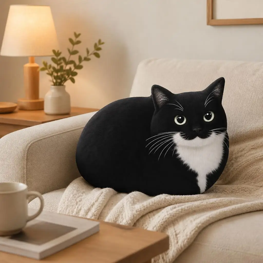 Tuxedo Cat Shaped Pillow Black and White Stuffed Cushion Cat Lover Gift Decorative Throw Pillow for Sofa Home Decor Accent