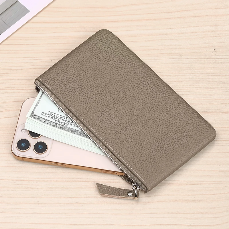 Zipper-Pull Genuine Leather Long Wallet with Passport and Driver's License Holder, Earphone Case, and Makeup Pouch