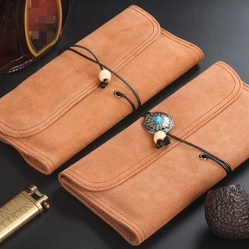 

New Vintage Full Grain Cowhide Pipe Bag - Braided Rope Portable Tobacco Storage Pouch Men's Smoking Accessories Travel Essential
