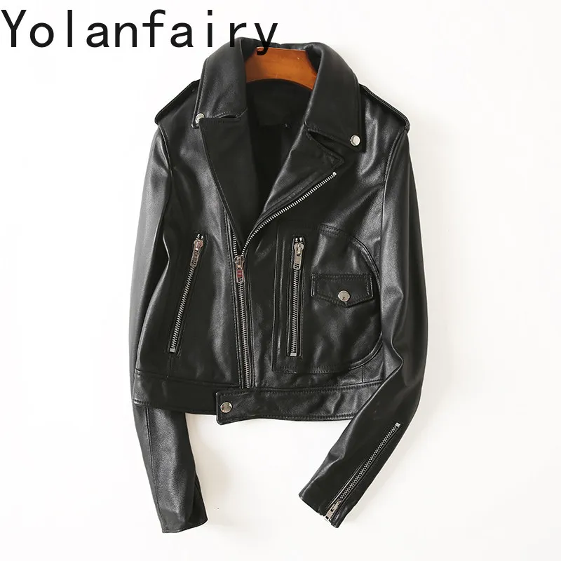 Yolanfairy 100% jaqueta de couro genuíno mulher moda curto casaco de pele de carneiro real roupas femininas fino-ajuste jaquetas de couro vermelho