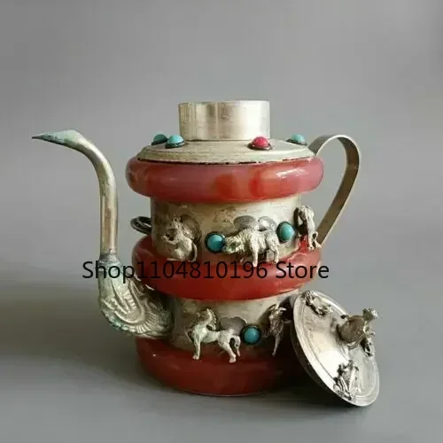 Chinese Old Tibetan Silver Inlaid Jade Zodiac Wine Pot Teapot
