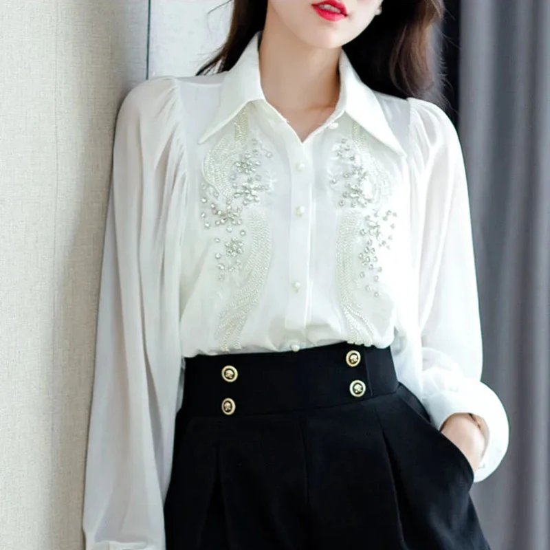 ZJYT 2024 Spring Beading Shirts and Blouses for Women White Loose Blusa Mujer Moda Korean Style Casual Office Camisas Tops Black