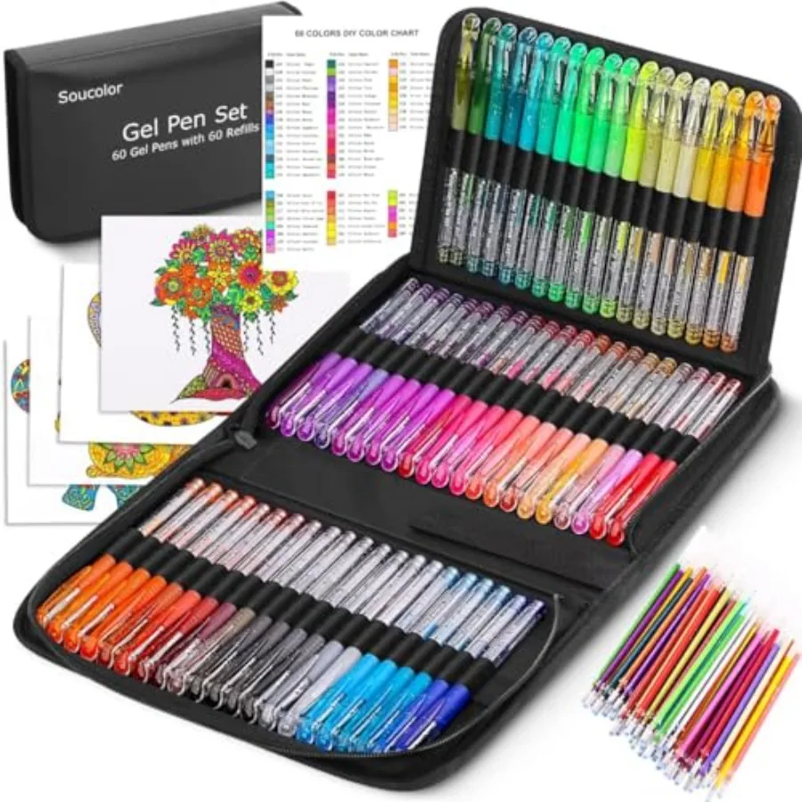

Glitter Gel Pens for Adult Coloring Books, School Art Class Supplies, 120 Pack-60 Glitter Pens, 60 Refills and Travel Case, 40%