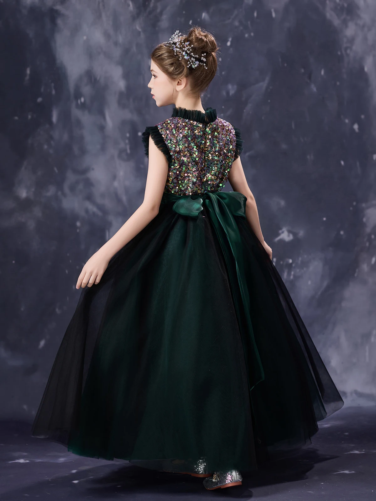Girls Dark Green Sequined Tulle Ball Gown Sleeveless Formal Evening Dress for Kids  Princess Pageant Party Wedding Flower Girl