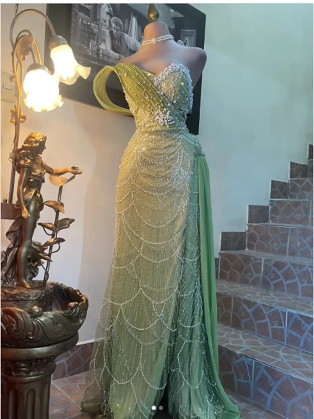 Green Long Middle Eastern Evening Dresses Luxury Sweetheart Pearls Saudi Arabia Dubai Robe De Soiree Prom Dress Gown Customized