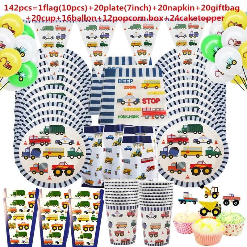 10 20people use Cartoon Cars Fire Truck Theme Birthday Kids Party Supplies Disposable Tableware Banner Paper Plate Cup hat set