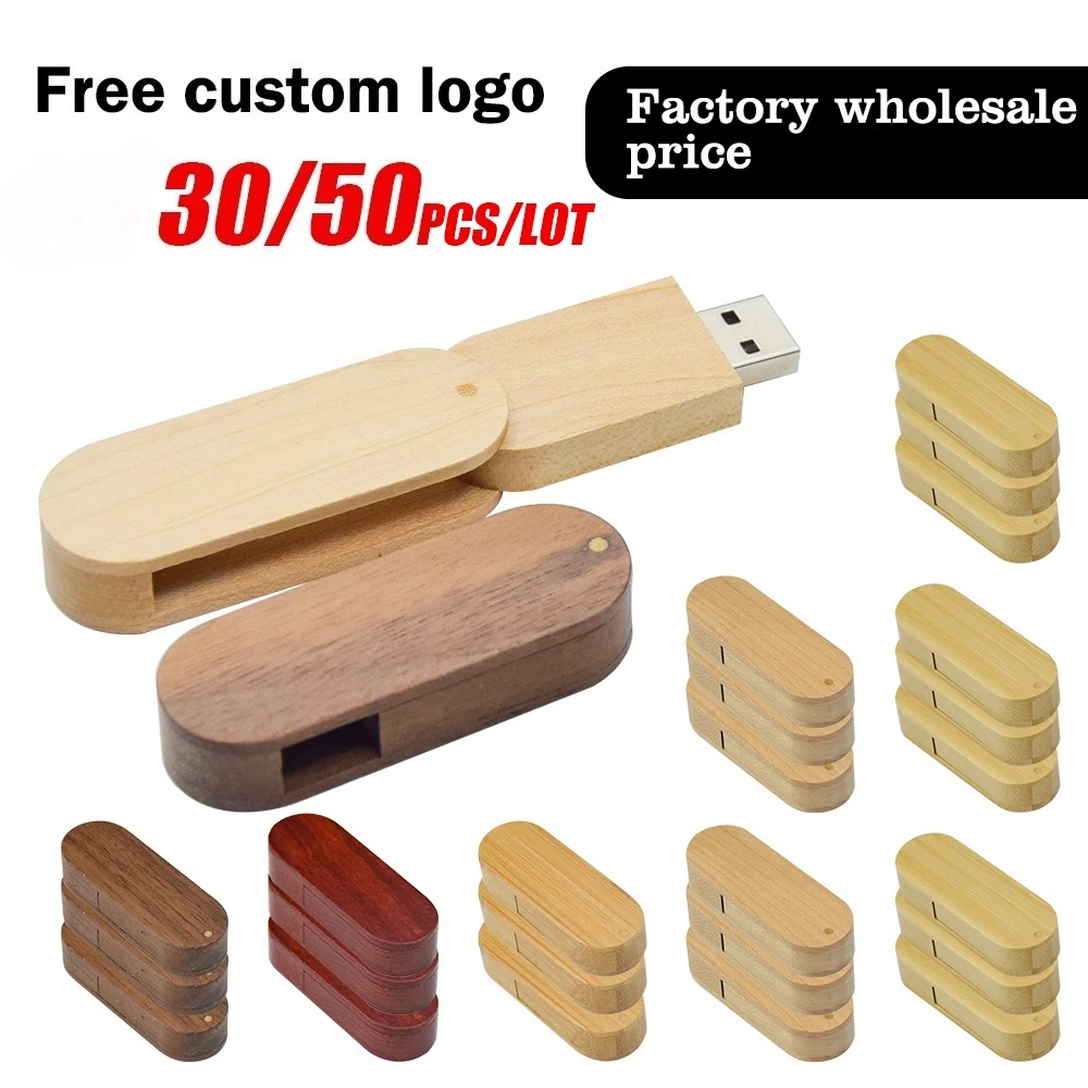 

30/50 шт. в партии вращающийся деревянный флэш-накопитель USB 2,0, 128 ГБ, бесплатный индивидуальный логотип, 64 ГБ, карта памяти, креативный подарок, 16 ГБ U-диск