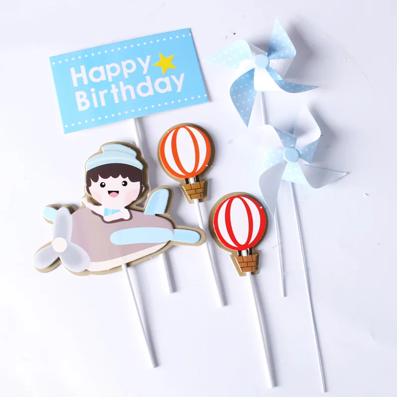 Happy Birthday Cake Topper Pilot Plane Car Tree Clouds Anniversaire Decor Flag Party Baking Supplies Cupcake Toppers Baby Shower