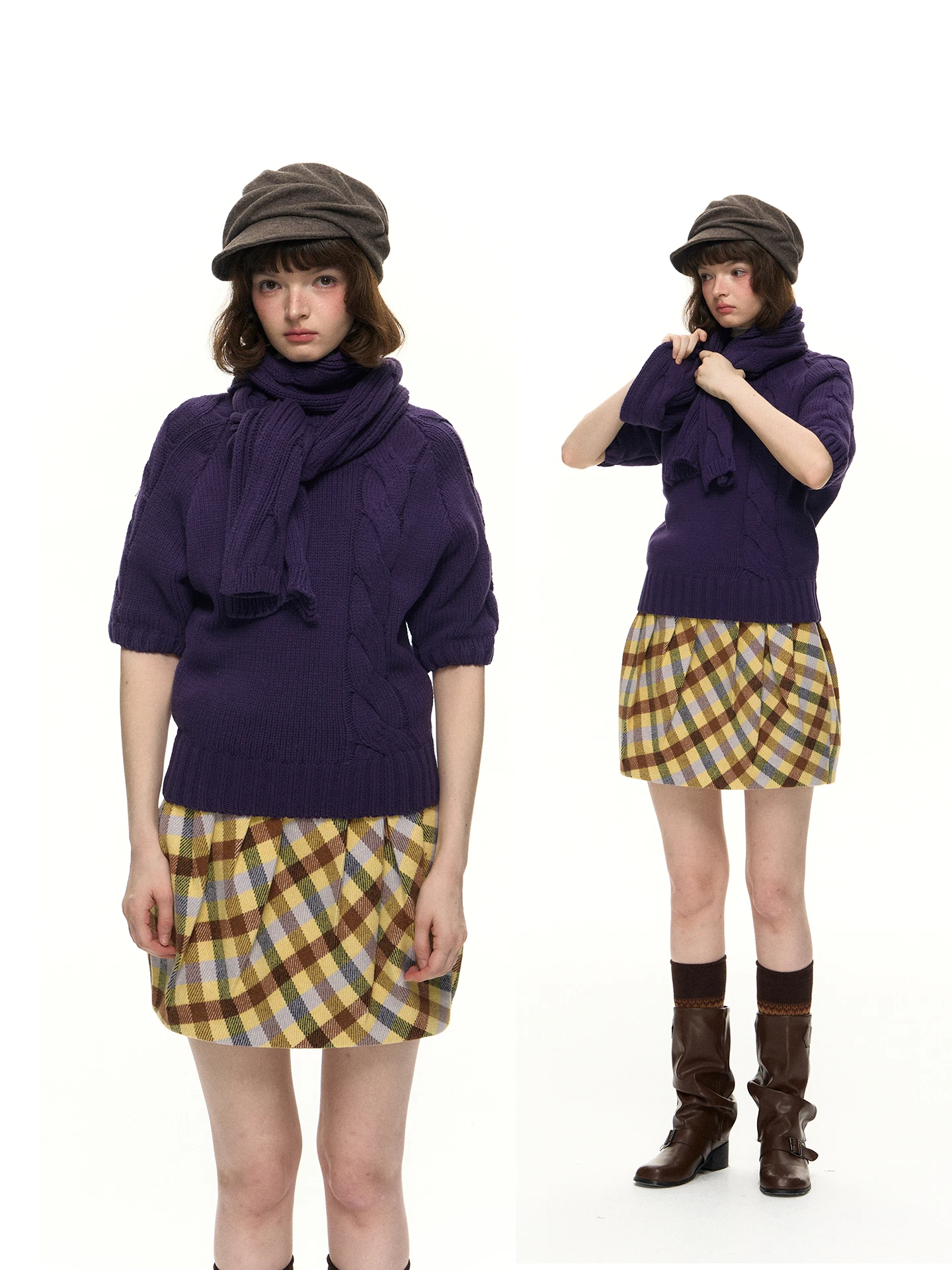 

Romance Nanci Vintage Purple Five-Button Knitted Sweater with Detachable Scarf Floral Embroidery Straight Cut Commute Sle W...