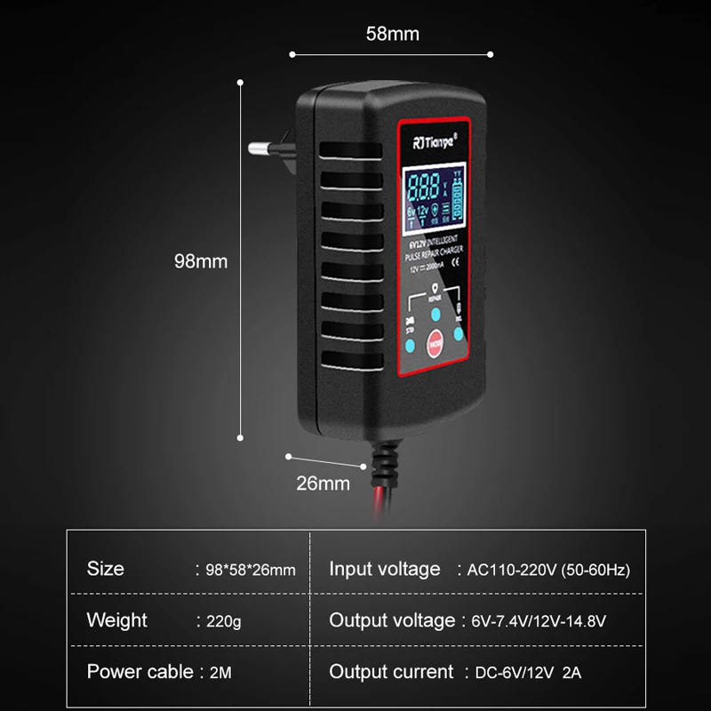 EAFC 12V 6V Motorcycle Car Battery Charger 2A Fully Automatic Lead Acid Battery Charger Mini Motorcycle Toy Battery Charger