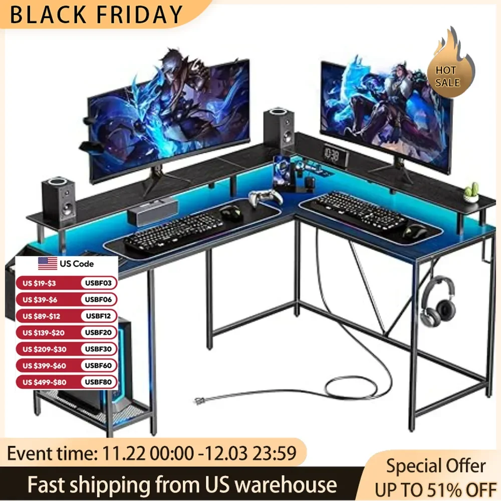 L Shaped Desk,L Shaped Game Desk with Power Outlets,LED Lights,Desk with Monitor Stand,Storage Bag, Desk Corner Desk with Hooks