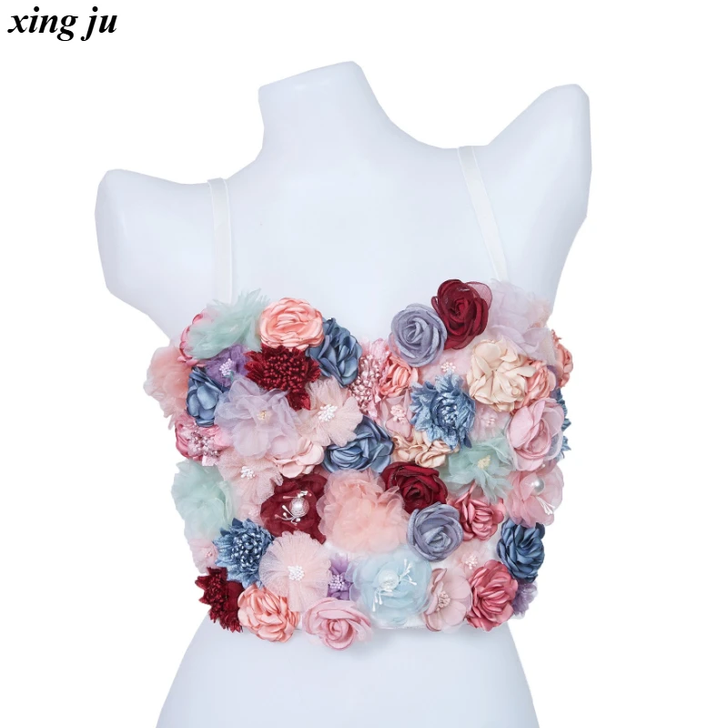 

Xing Ju Nightclub Hot Girls Flowers Vest Corset Cropped Tops Summer Sexy Sling Vest Women Jazz Dance Costume DJ Stage Show Wear