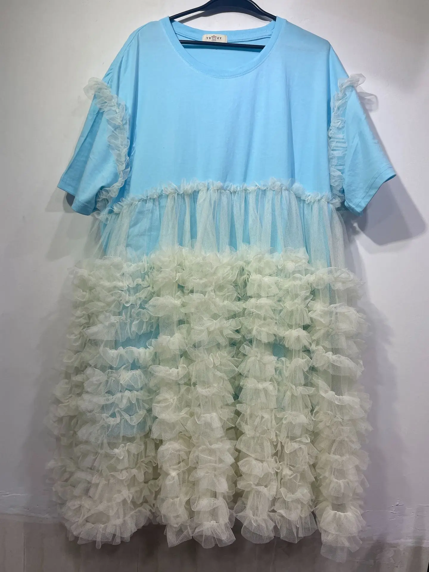 ผู้หญิงตาข่าย Spliced Ruffles ยาวเสื้อยืดกระโปรงปุยหลวมจีบ Tees ชุดแขนสั้นเส้นด้ายสุทธิ Ruched Tops Vestidos