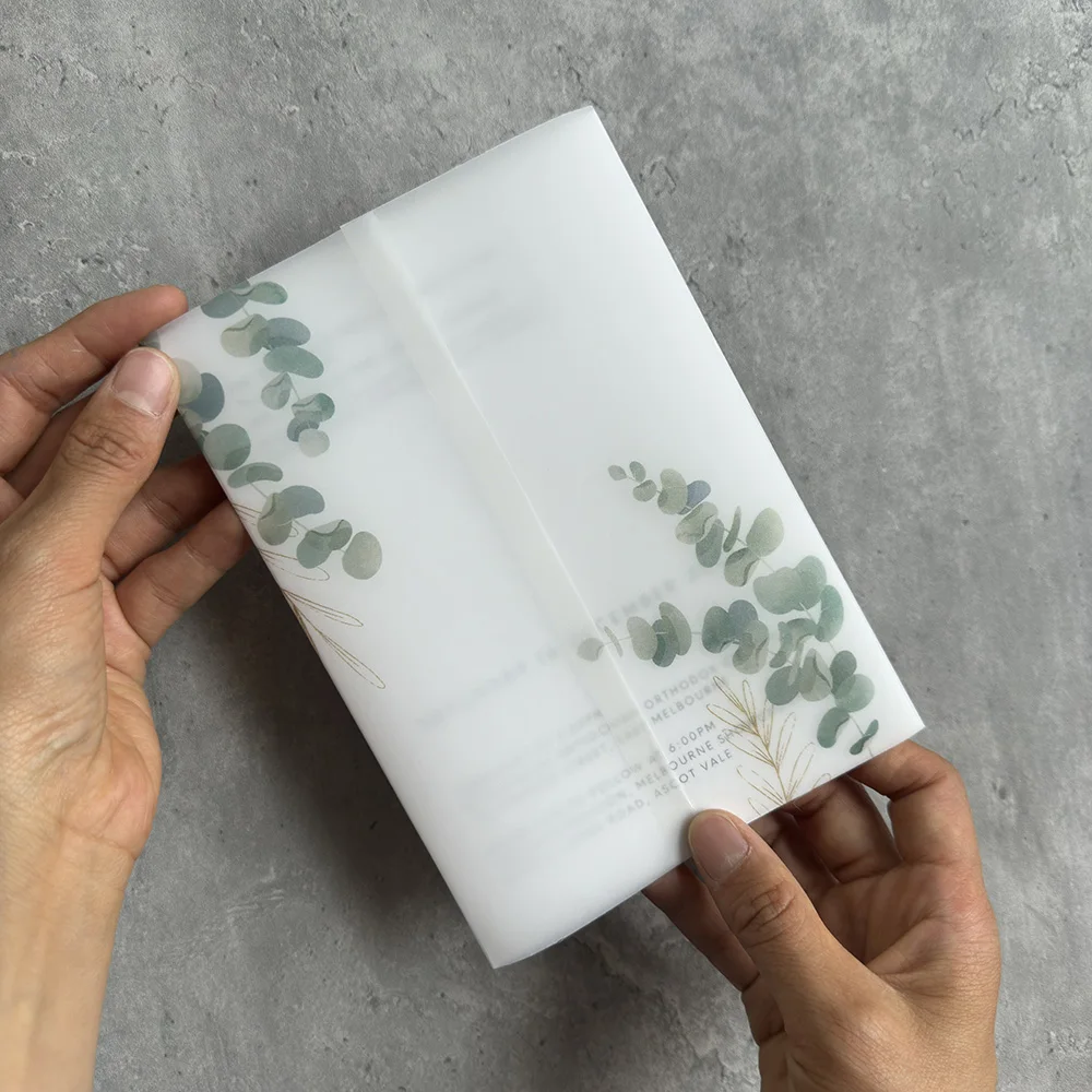 Eucalyptus ,green color leaf  Vellum  Wrap suitable for a 5 x 7 Wedding Invitation