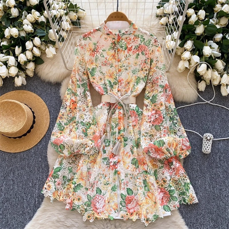 

Summer Fashion Embroidery Flower Dress Women's Stand Crochet Lace Hollow Out Stitching Belt Print Prom Party Robe Mini Vestidos