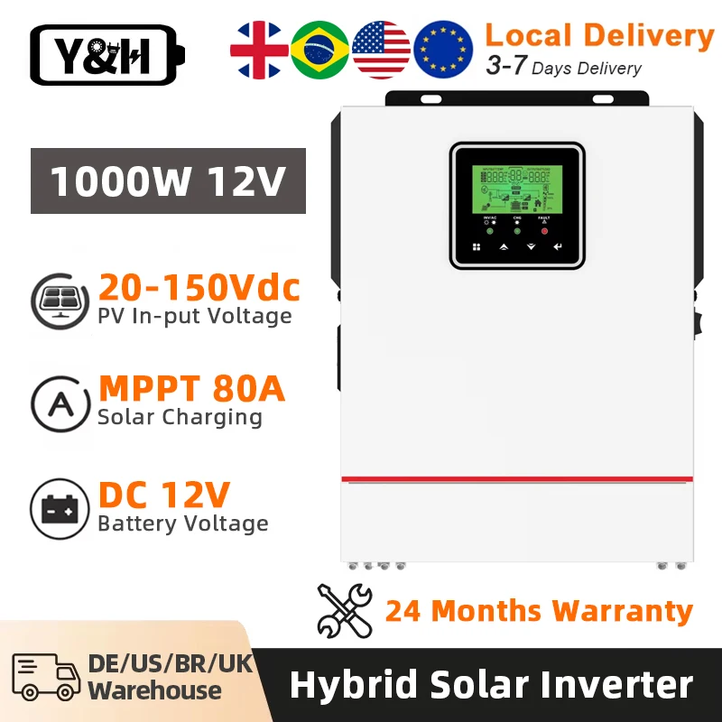 Y&H 1KW Hybrid Solar Inverter 12V 220V Off Grid Pure Sine Wave Hybrid inverter 1000W Build in 80A MPPT Solar Charge Controller